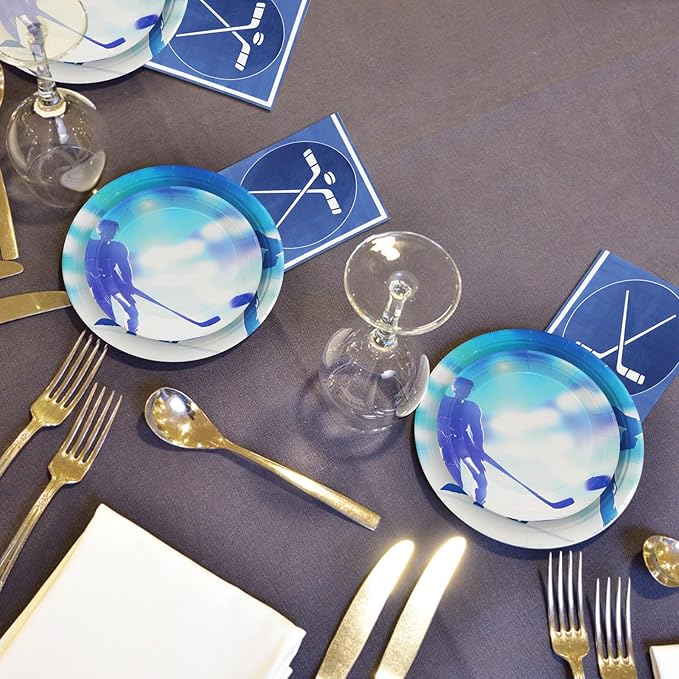 180Pcs Ice Hockey Party Supplies Paper Plates and Napkins Serve 60 Disposable Tableware Set for Birthday Party Decorations Game Day Family School Holiday Sports Events