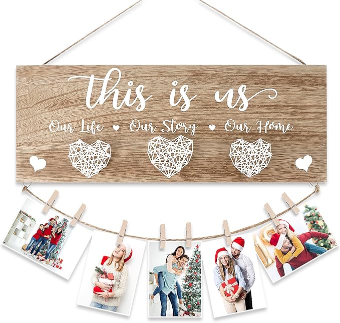 AKEROCK Couples Christmas Gifts, This Is Us Wall Decor, Rustic Wooden Hanging Christmas Picture Frame - Christmas Gift for Couples, Family, Housewarming, Home, Wedding - Natural