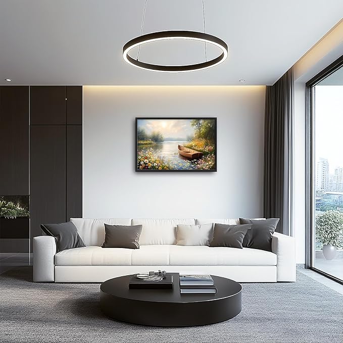 Framed Large Wall Art for Living Room, Lake Boat Canvas Wall Decor, Flower Pictures Painting, Natural Landscape Artwork for Living Room Bedroom Office 36L'' × 24W''