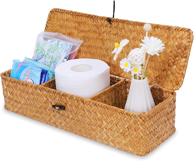Nonam Seagrass Storage Small Basket with Lid - 3-Section Divided Organizer for Tea,Sugar,Coffee,Tampons - Woven Shelf Bin for Closet, Toilet Tank - Rectangular Narrow Boho Basket Home Decor