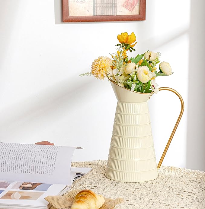 Elegant Cream/White Metal Pitcher Vase, Farmhouse Galvanized Flower Vase, Rustic Decorative Milk Jug for Home Decor, 10.8''H