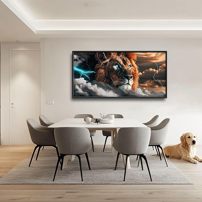 Abstract Lion Large Framed Wall Art Cool Lion Lightning Pictures Oversized Rustic Wild Animal Wall Decor Canvas Print Painting Aesthetic Modern Artwork for Living Room Bedroom Office Bathroom Home Decor 60L"x30W"