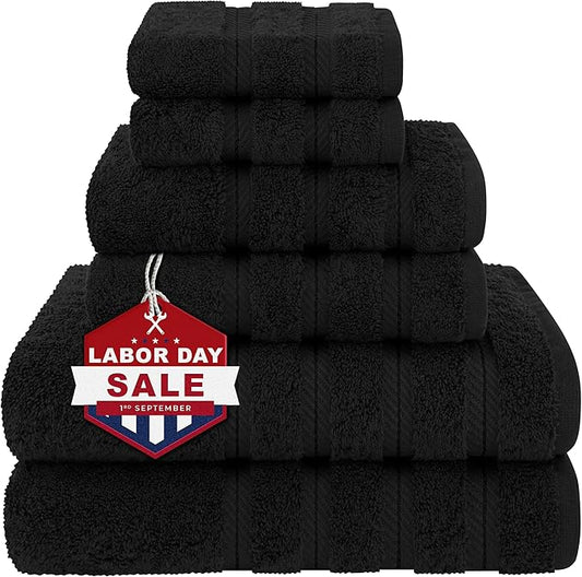 American Soft Linen Luxury 6 Piece Towel Set, 2 Bath Towels 2 Hand Towel 2 Washcloths, 600 GSM 100% Cotton Turkish Towels for Bathroom, Black Towel Sets