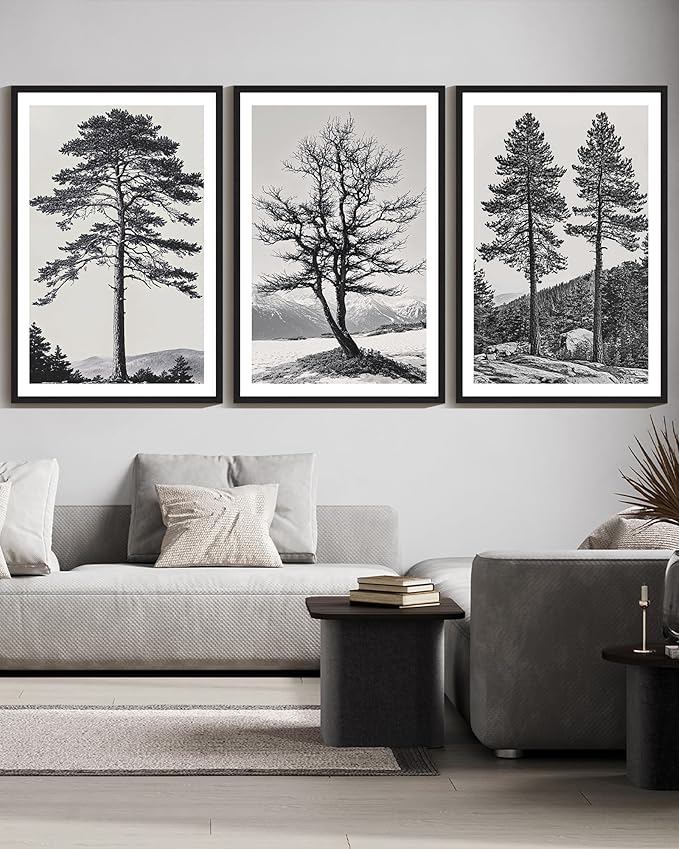 KUVIOKE Vintage Black Gray Forest Wall Art Framed Antique Retro Tree Prints Modern Rustic Artwork Bedroom Living Room Ready to Hang 24x36in (Black Framed)