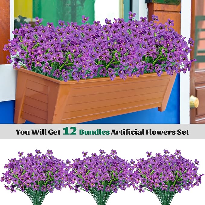 Lnoicy 12 Pcs Artificial Flowers for Outdoor,Plastic Flowers Decoration, UV Resistant Faux Flowers Shrubs, Artificial Plants for Indoor Outside Garden Home Wedding Farmhouse（Purple）