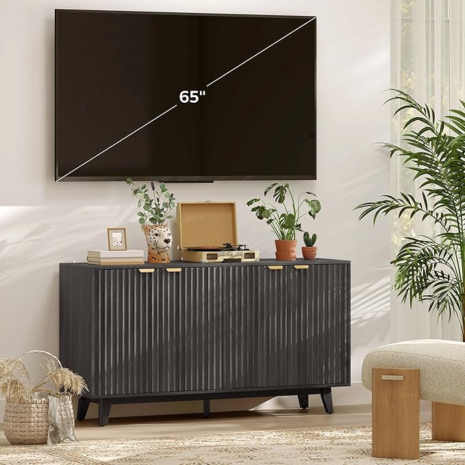 HOMCOM Fluted Sideboard Buffet Cabinet, 55" Modern Accent Console Cabinet with 4 Doors, 2 Adjustable Shelves and 5 Wood Legs, Dark Gray