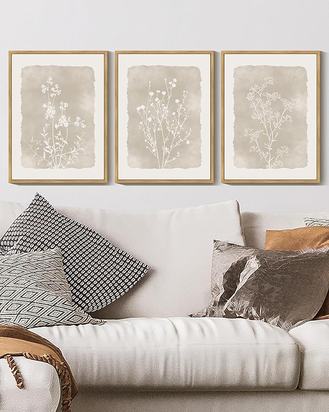 KUVIOKE Boho Botanical Flower Wall Art Framed Vintage Floral Wall Prints Wildflower Neutral Rustic Bohemain Artwork Kitchen Bedroom Decor 12x16in (Natural Framed)