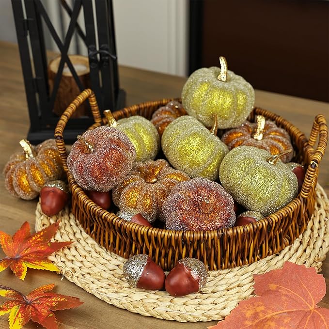 Glitter Mini Pumpkin Decor Indoor 22PCS Halloween Pumpkins for Fall Decorations for Home Fall Centerpieces for Tables Outdoor Harvest Thanksgiving Party/Acorns Autumn Fillers Decor