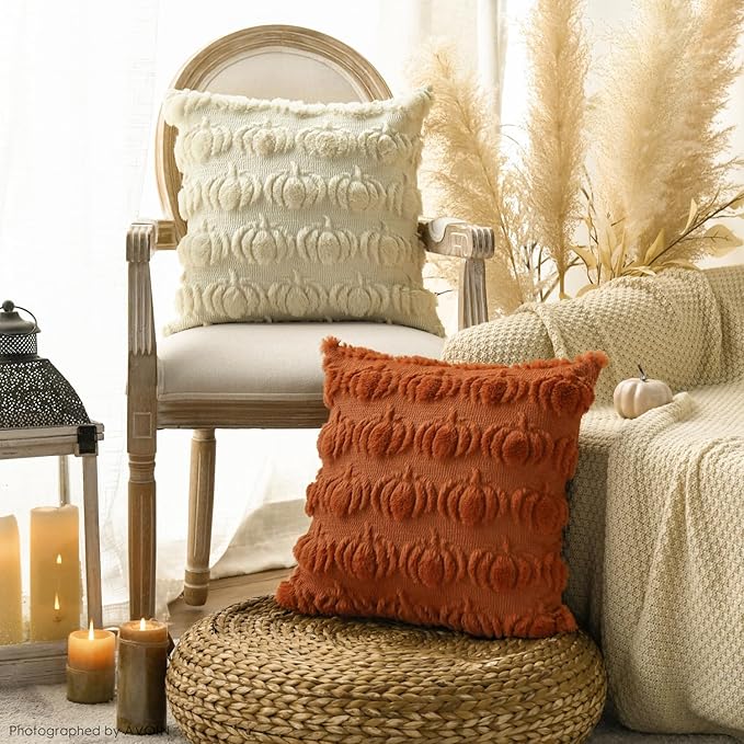 AVOIN colorlife Fall Pumpkin Beige Caramel Ginger Throw Pillow Covers, 18 x 18 Inch Seasonal Autumn Thanksgiving Harvest Soft Plush Faux Fur Jacquard Cushion Case Decoration for Sofa Set of 4