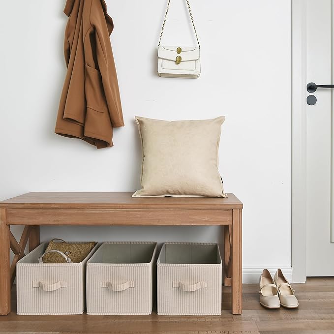 StorageWorks Storage Baskets for Shelves, Foldable Fabric Closet Storage Bins with Handles, Fabric Storage Bins Clothes Organizer, Beige Stripes, 3-Pack, Large