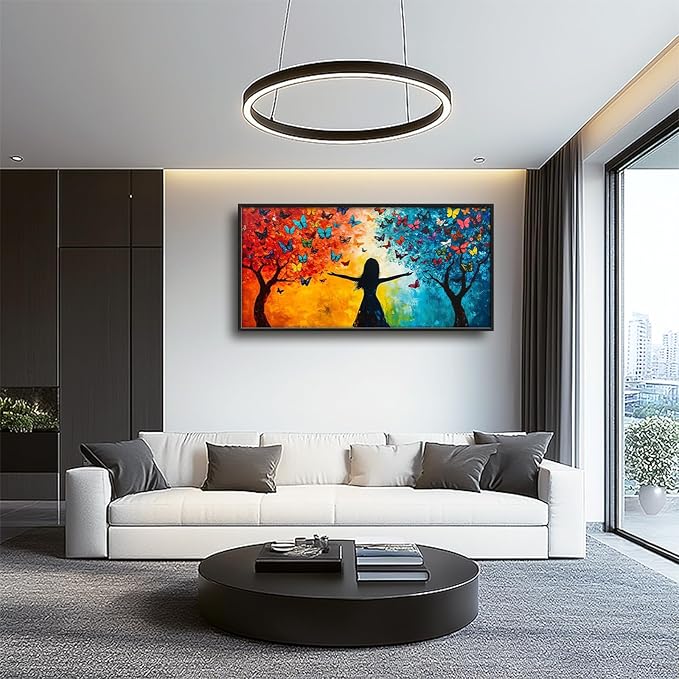 Framed Large Wall Art for Living Room, Colorful Butterfly Tree Canvas Wall Decor, Large Picture Framed Painting, Modern Artwork for Bedroom Office Home Decor 60L'' × 30W''