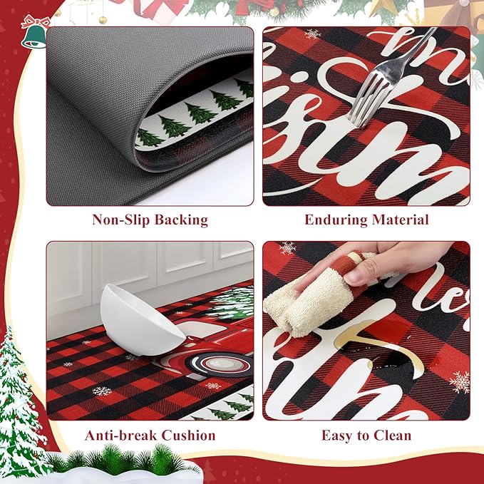 SHACOS Christmas Kitchen Rugs Set of 2 Anti-Fatigue Kitchen Mats Cushioned Red Plaid Christmas Truck Kitchen Rugs Buffalo Checker Kitchen Mats and Rugs for Xmas 17"x27.5"+17"x47"
