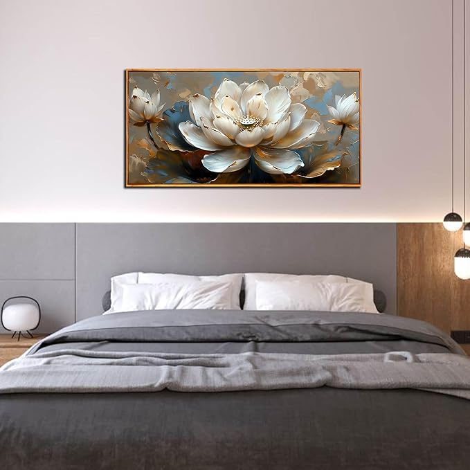 White Lotus Painting Wall Art for Living Room - Gold Flower Wall Decor for Office - Framed Wall Art for Bedroom Size 29" x 59"