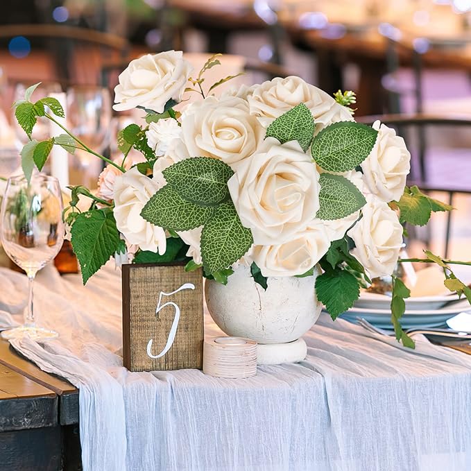 AmyHomie Artificial Flowers Champagne Rose 50pcs Real Looking Fake Roses w/Stem for DIY Wedding Bouquets Centerpieces Arrangements Party Baby Shower Home Decorations