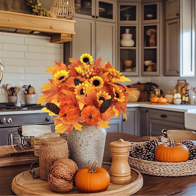 Artmag 2PCS Fall Artificial Flowers Decoration Maple Leaf Stem Pumpkin Branch Sunflower and Berries for Fall Thanksgiving Home Kitchen Festival Decoration (Brown)