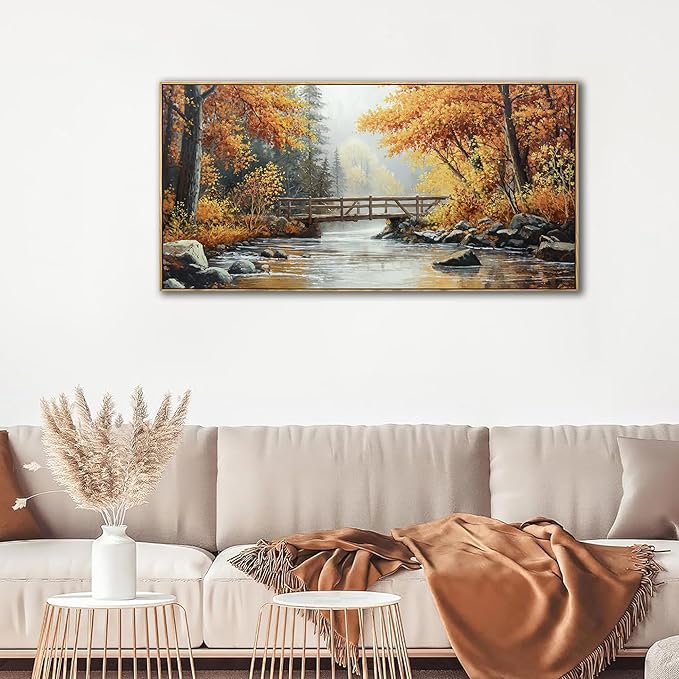 KLAKLA Canvas Wall Art - Rustic Landscape Burnt Orange Forest Tree Creek Print Picture Framed Artwork for Living Room Bedroom Office Wall Decor - 40x20 Inches