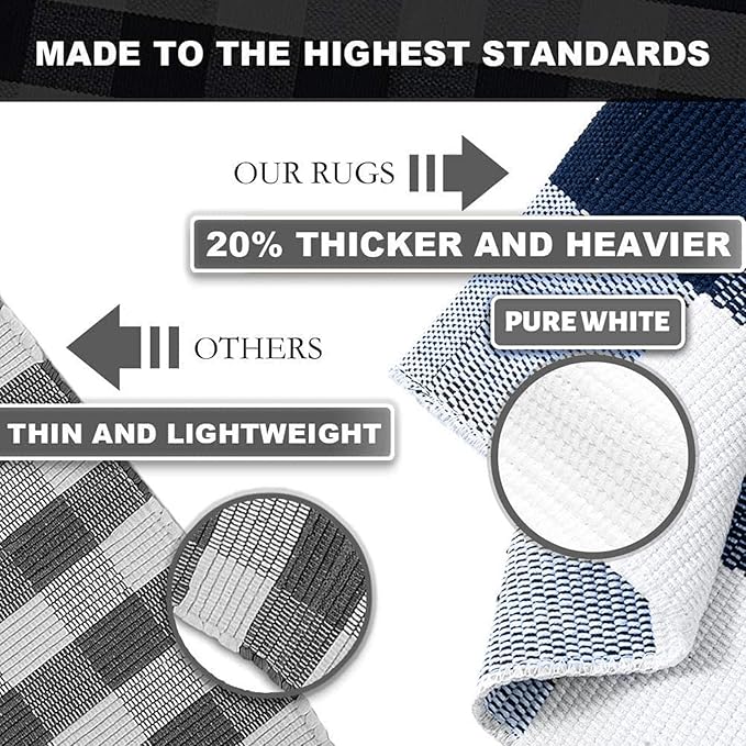 KOZYFLY Buffalo Plaid Area Rugs 3x5 Ft Navy and White Checkered Rug Washable Front Door Mat Hand Woven Cotton Outdoor Rug Large Rug for Front Porch Kitchen Entryway Patio Bathroom
