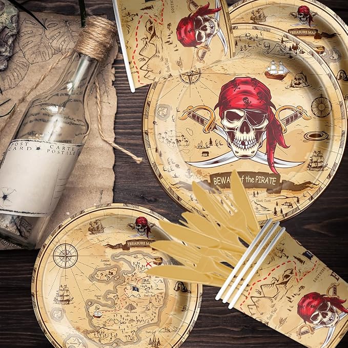 Pirate Party Supplies - 142Pieces Beware of the Pirate Theme Tableware Set Incluedes Pirate Plates,Tablecloth,Napkins Treasure Map Theme Decorations for Baby Shower Party,Adventure Party