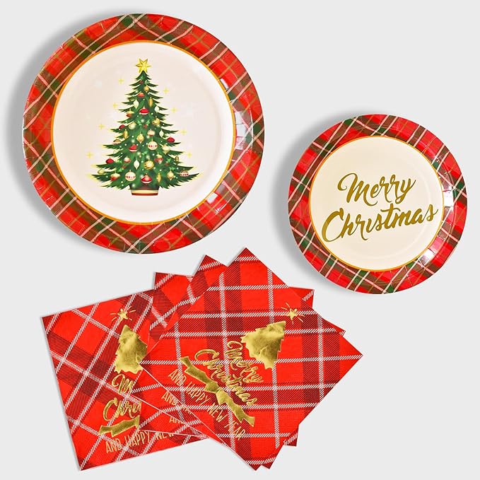 Gatherfun Christmas Party Supplies Christmas Tree Red Plaid Disposable Paper Dinner Plates Dessert Plates and Napkins for Party decorations, Serve 50