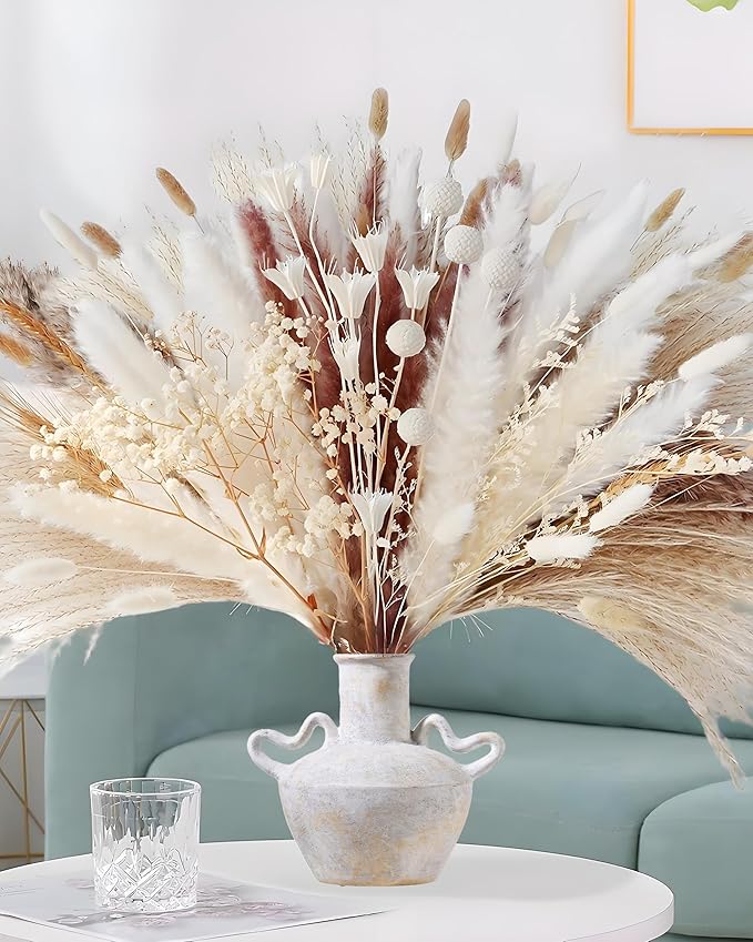 7.5 in Rustic Ceramic Farmhouse Vase with 2 Handles,Glazed Beige and Yellow Vintage Pottery Jar with Black Distressed Eroded Texture Finish,Boho for Home Decor,Tabletop,Mantel,or Living Room