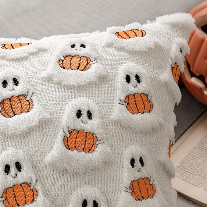 MIULEE Halloween Pillow Covers Decorative Fall Cute Ghost Plush Faux Fur Pillows 18x18 Inch Set of 2 Soft Pumpkin Accents for Sofa Couch Bed Living Room Festive Home Decor, White Bright Orange