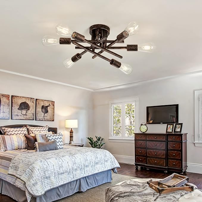 ASGYISA 6-Lights Semi Flush Mount Ceiling Light Fixture Vintage Modern Bronze Matte Sputnik Chandelier Farmhouse Ceiling Lamp for Kitchen Bedroom Dining Room Living Room Entryway.