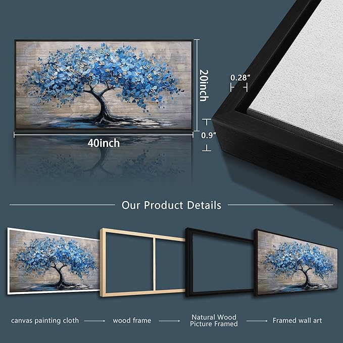 ERQINHUA Large Canvas Wall Art For Living Room Farmhouse Wall Decor For Bedroom Abstract Paintings Blue Tree Black Framed Wall Pictures Artwork Office Mural To Hang Dormitory Home Decor 20x40 In