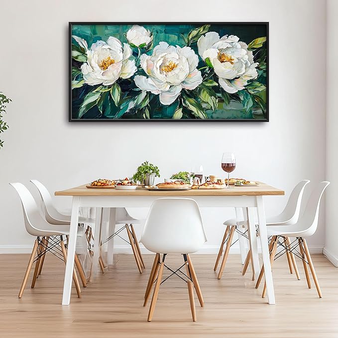 White Flower Large Wall Art for Living Room, Peoney Floral Oversized Wall Decor Pictures, Rustic Framed Canvas Print Painting, Modern Artwork for Bedroom Office Home Decor 60"x30"