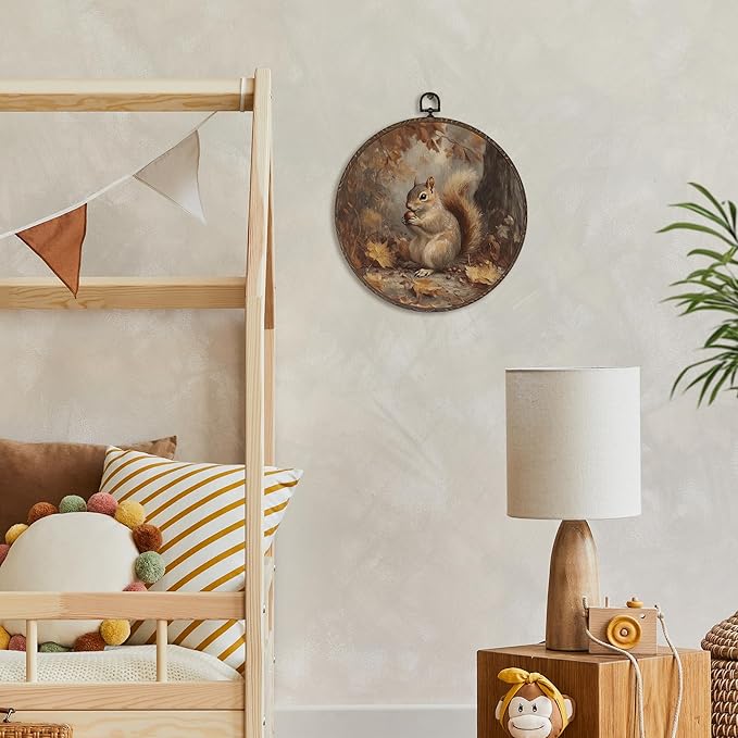 XNXLDYLH Vintage Fall Squirrel Round Framed Wall Art Decor, Rustic Farmhouse Woodland Hanging Wall Decor Decorations, Autumn Fall Canvas Prints Wall Art Paintings for Bedroom Living Room, 10x10 Inch