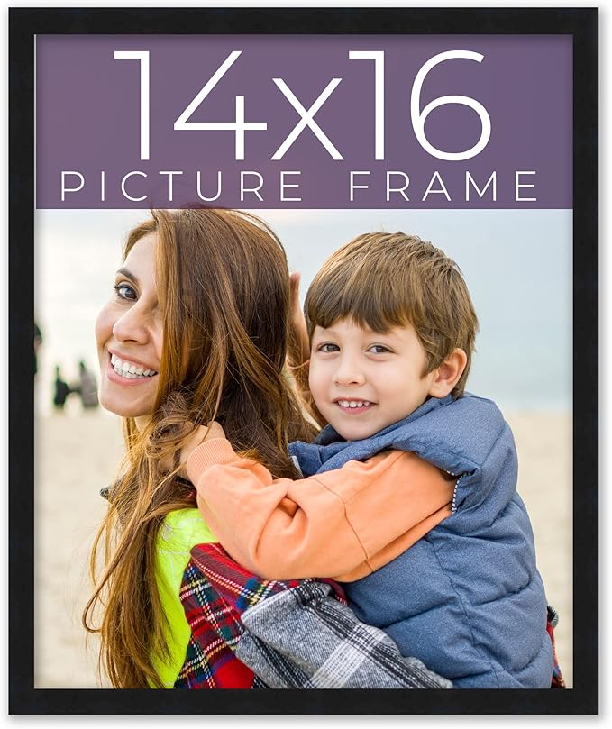 14x16 Frame Black Real Wood Picture Frame Width 0.75 Inches | Interior Frame Depth 0.5 Inches | Black Mid Century Photo Frame Complete with UV Acrylic, Foam Board Backing & Hanging Hardware