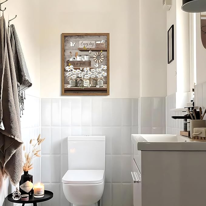 Wood Framed Farmhouse Bathroom Wall Art, Vintage Rustic Daisy Canvas Wall Decor Paintings, Flower Butterfly Inspirational Posters Prints Pictures Artwork for Bathroom Bedroom Living Room 12x16 Inch