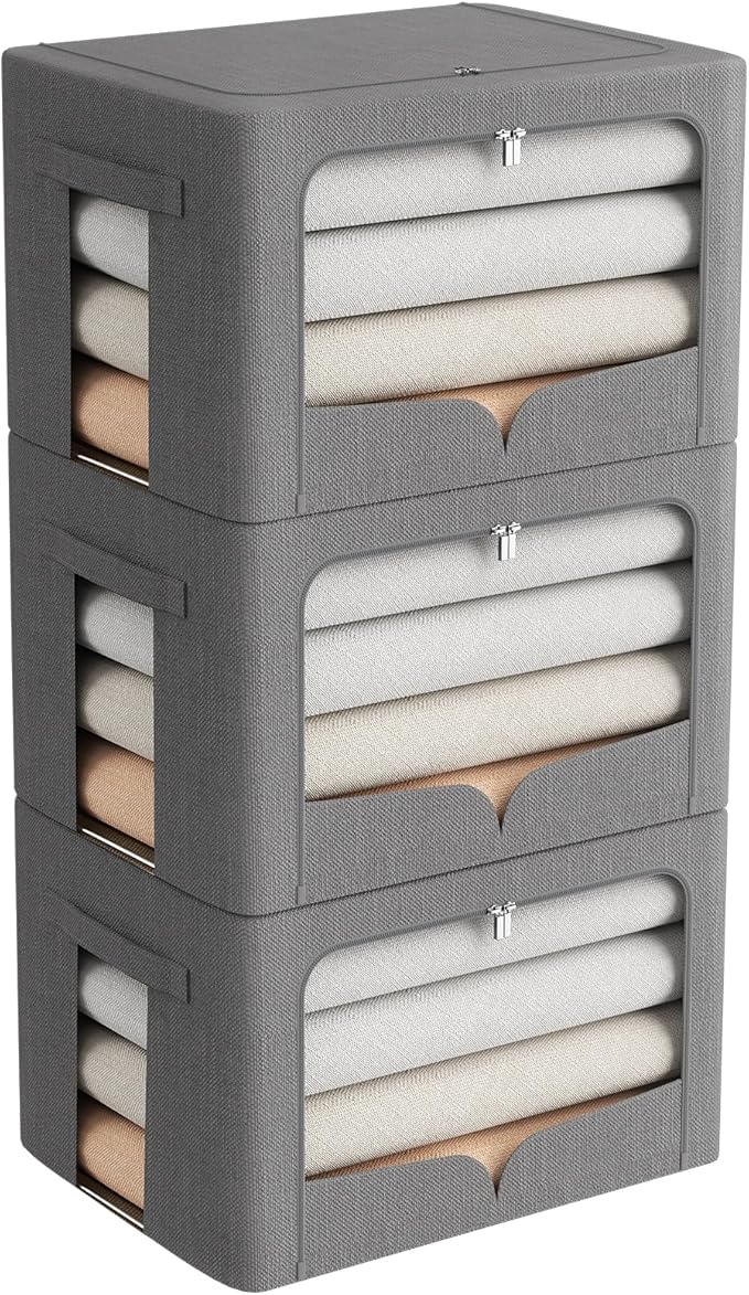 3 Pack Clothes Storage Bins Foldable Metal Frame Storage Box Stackable Linen Fabric Organizer Set with Carrying Handles and Clear Window (Dark Gray, 15.7x11.8x11.8inch(36L))