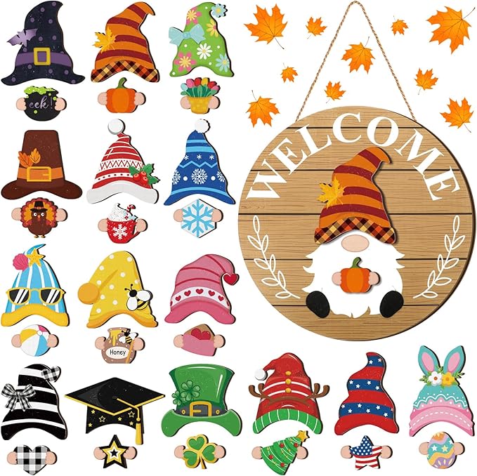 Qunclay Interchangeable Wooden Gnome Decor Holiday Seasonal Gnome Decorations with Magnet Pieces and Detachable Hats Changeable Welcome Sign for Home(Delicate Style)