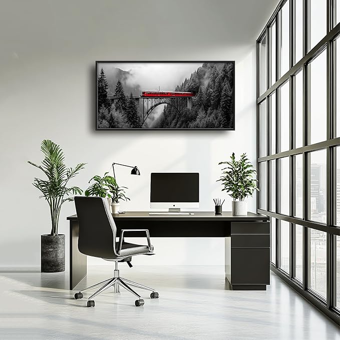 Olivine Train Large Wall Art, Black and White Pictures Wall Decor, Train Painting, Landscape Canvas Prints, Framed Artwork for Men Dining Room Living Room Bedroom Bathroom Home Decoration 60"x30"