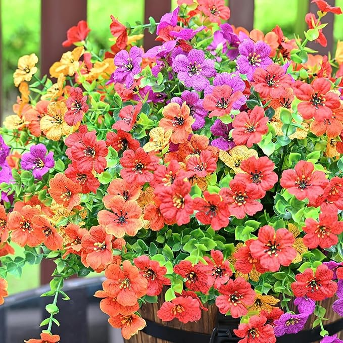 LADADA 12 Bundles Fake Plants Flowers Outdoor Spring Summer Decor,Faux Silk Colorful Daisy Realistic UV Resistant for Outside Home,Used for Courtyard, Yard, Porch Decoration（Purple Yellow Orange Red）