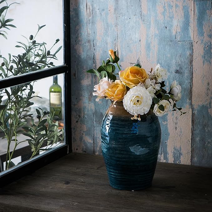 Blue Floor Vase, Ceramic Glazed Large Vase for Modern Farmhouse Home Decor, Rustic Terracotta Pottery, Vintage Clay Vase for Living Room Entryway Centerpiece