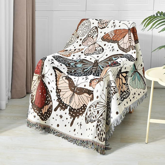 Boho Throw Blanket Reversible Cotton Bohemian Tapestry Hippie Room Decor Double Sided (Month Moth Print 50"x60")