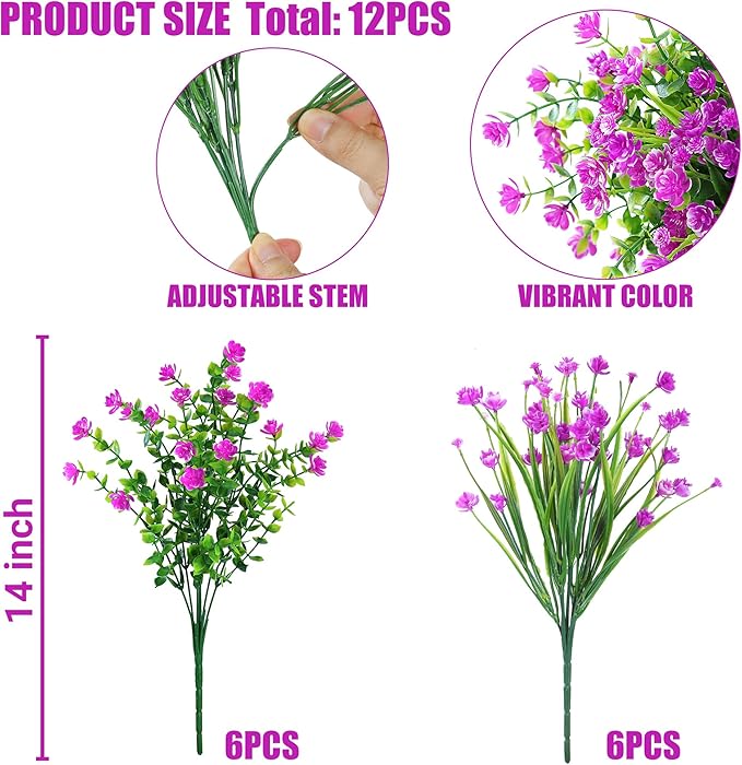Sggvecsy Artificial Flowers for Outdoors 12 Bundles UV Resistant Boxwood Shrubs Artificial Eucalyptus Fake Plants Faux Plastic Greenery for Farmhouse Garden Home Indoor Outdoor Decoration（Magenta）