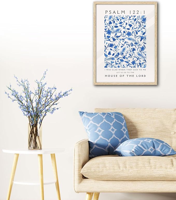 EcoHest OAK Wood Jesus Framed Wall Art, 12x16in Psalm 122:1 Bible Verse Christian Wall Art, Modern Blue Bedroom Decor For Living Room Bathroom Religious Gift 1Pack