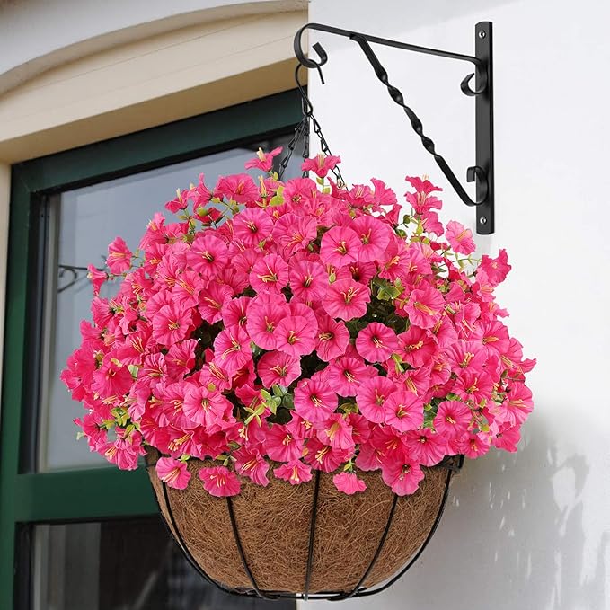 12PCS Artificial Flowers for Outdoor Decorations, Realistic Faux Silk Petunia Flowers for Outside, Fake Plants Morning Glory with Eucalyptus Porch Patio Planters Window Boxes Decor(Rosy red)
