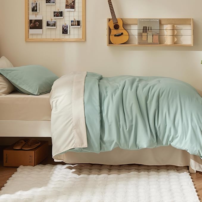 Bedsure Twin XL Comforter Set - Extra Long 5 Pieces Sage Green Twin XL Bedding Set for All Seasons, Boho Contrasting Design Bed in a Bag with Comforter, Sheets, Pillowcase & Sham