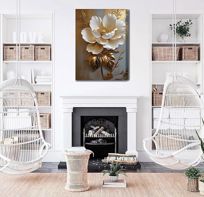 Flower Pictures Canvas Wall Art White Gold Flowers Elegant Wall Decor pictures 3D Retro Floral poster prints for Bedroom Bathroom Wall Decorations (12inx16in canvas)