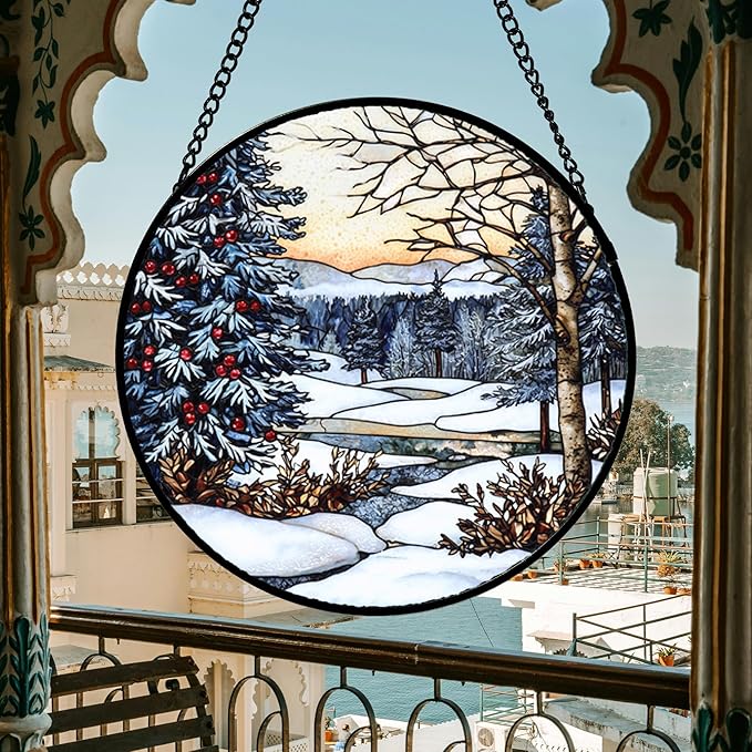 Stained Glass Window Hanging, Winter Snow Landscape Suncatcher Diamond Glass Panel Sun Catchers Decor for Birthday for Women, Men, Wife, Aunt, and Mom 6.3x6.3 in