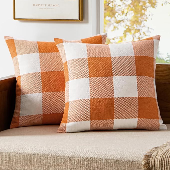 MIULEE Pack of 2 Fall Throw Pillow Covers Decorative Classic Farmhouse Buffalo Check Plaids Linen Soft Pillow Case Orange and White Cushion Case for Sofa Bedroom Outdoor 20 x 20 Inch