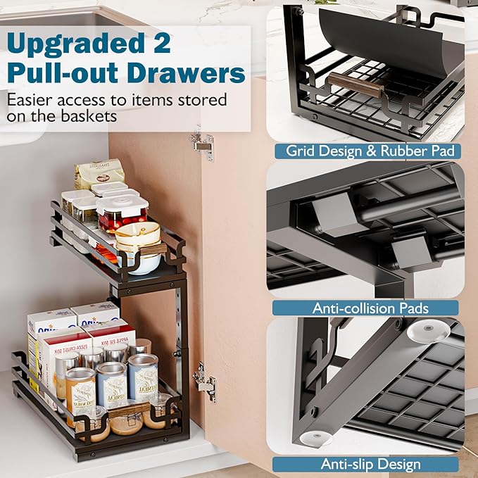Under Sink Organizers, 2 Tier Slide Out Under Sink Organizers, Under Sink Storage for Bathroom Kitchen (1 Pack)