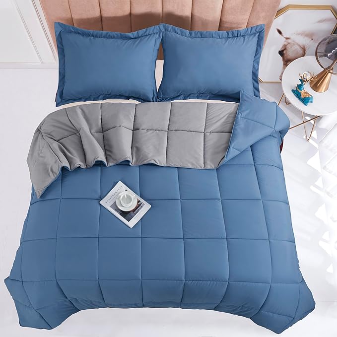 HIG 3pc Dusty Blue Full Size Comforter Set - All Season Reversible Down Alternative Comforter with Two Shams - Quilted Duvet Insert with Corner Tabs - Box Stitched Blanket - Breathable, Soft, Fluffy