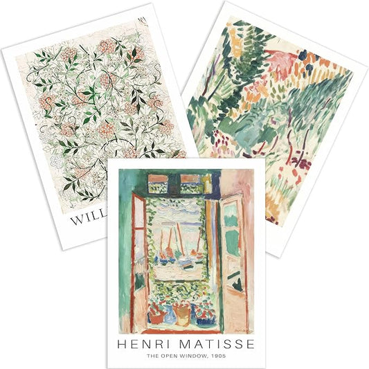 WRFON Unframed Sage Green Botanical Wall Art, Vintage Matisse Flower Market Wall Decor, Retro William Morris Floral Canvas Painting Prints for Gallery Wall, Living Room Bedroom 12"x16"x3