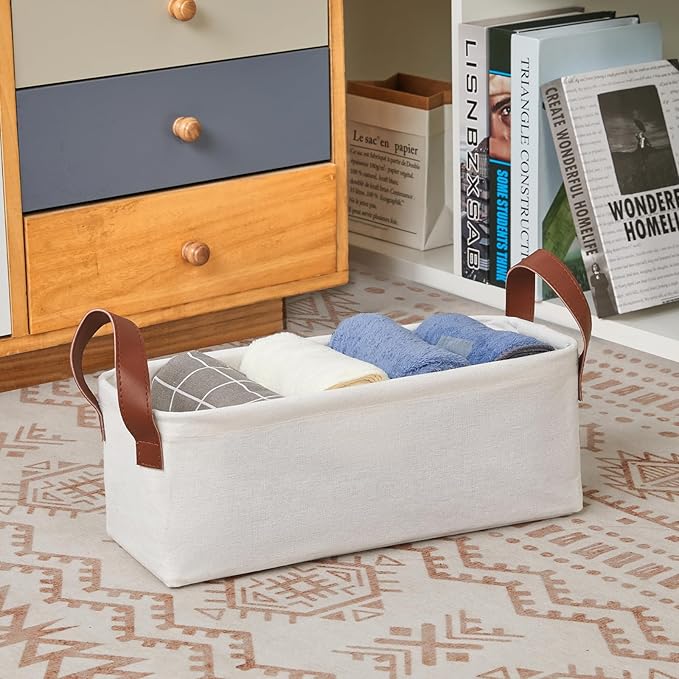 DULLEMELO Small Storage Bins, Fabric Storage Bins Closet Baskets for Organizing with PU Handles, Rectangle Closet Storage Bin with Metal Frame, Natural Color, 2-Pack