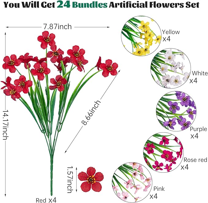 Lnoicy 24 Pcs Artificial Flowers for Outdoor,Plastic Flowers Decoration, UV Resistant Faux Flowers Shrubs, Artificial Plants for Indoor Outside Garden Home Wedding Farmhouse（6 Color）