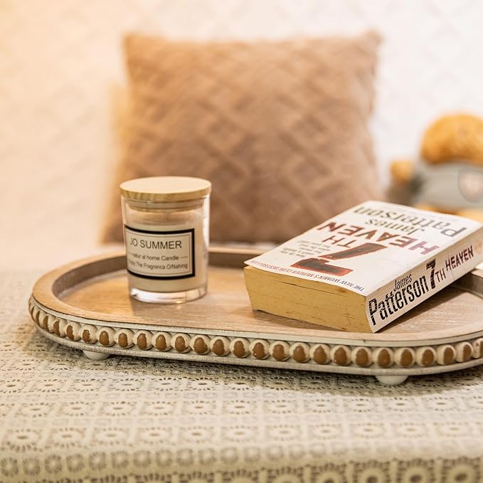 HPC Decor 15in Oval Tray for Home Decor - Brown Wood Beaded Tray - Decorative Serving Tray,Rustic Farmhouse Wooden Trays for Vintage Centerpiece,Kitchen Counter,Living Room Decor,Coffee Table Decor.